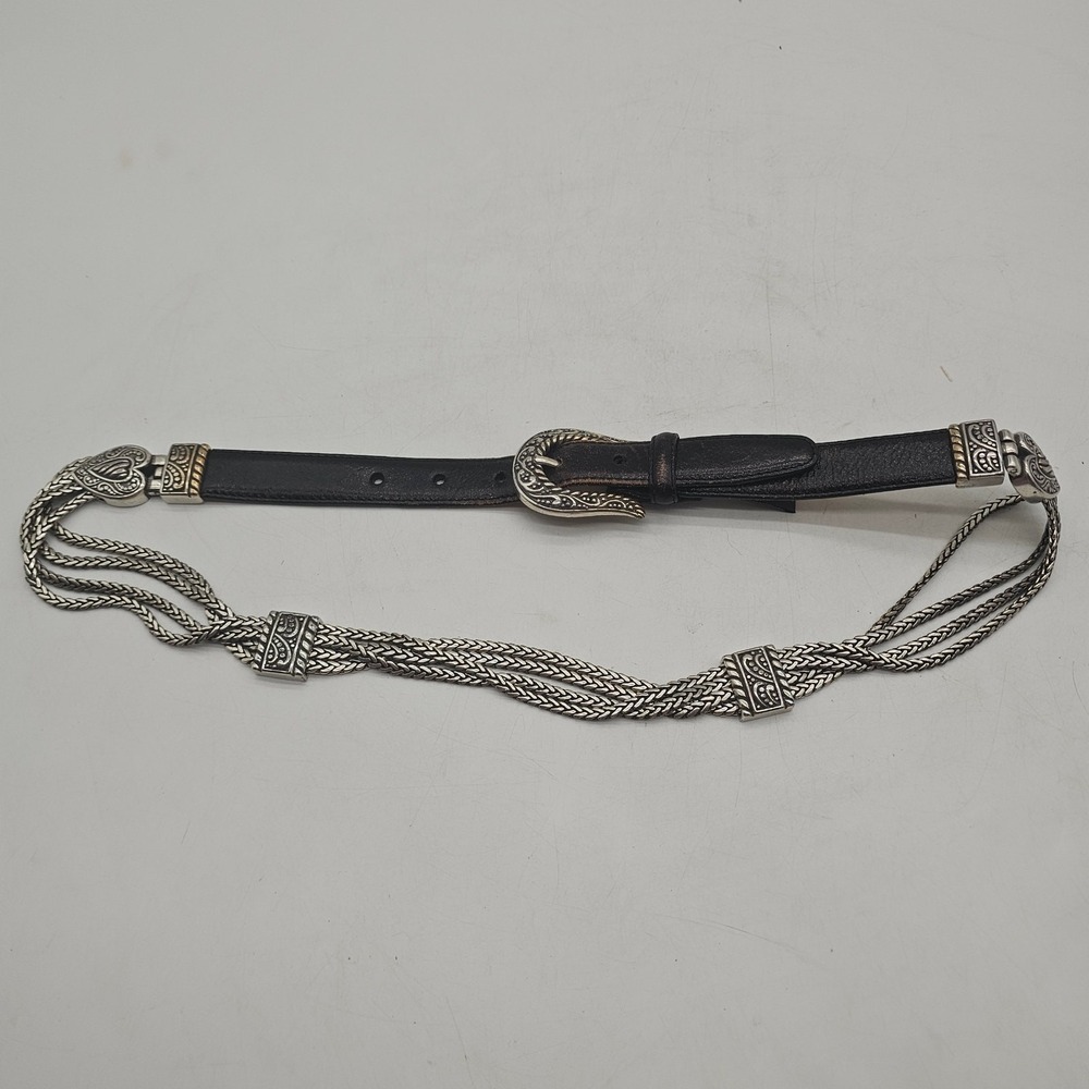 Brighton Belt Womens Metal Black Leather M 44303 Antique Silver Hearts Sz L 33"